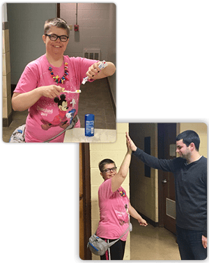 Everyday participants like Karen F. independently get their toothbrush, toothpaste and deodorant from their hanging cubby and go and take care of their personal hygiene. 